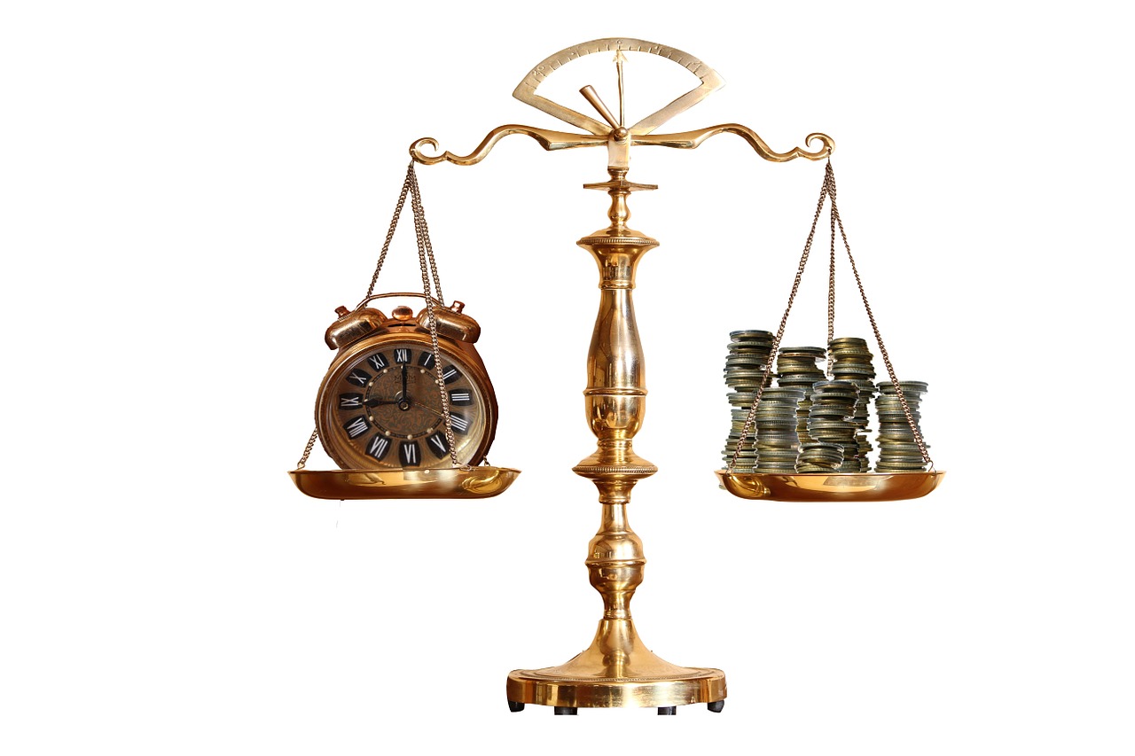 Are you undercharging for your work? - a set of scales balances time against money.